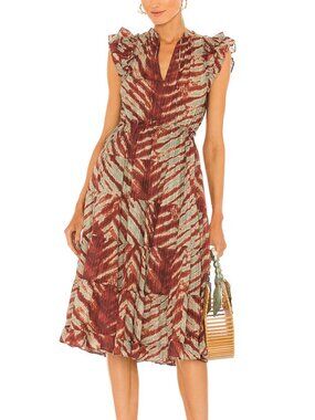 Ulla Johnson Pilar Canyon Abstract Print Ruffle Midi Dress Size 0